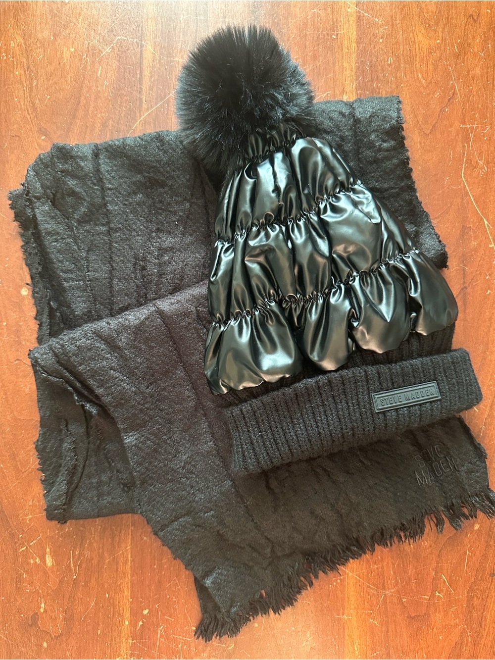 Steve Madden Black Quilted Shine Pom Pom Beanie